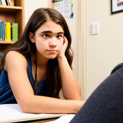 Home 11 **
A warm, brightly lit counseling office. A teenage client sits across from a counselor, leaning forward with a concerned but empathetic expression. The counselor is actively listening, with a notepad and pen in hand. Blurred background elements include bookshelves with psychology texts and a framed print illustrating healthy relationships. The overall mood should be supportive and focused on active listening, exemplifying Person-Centered Therapy.
**
