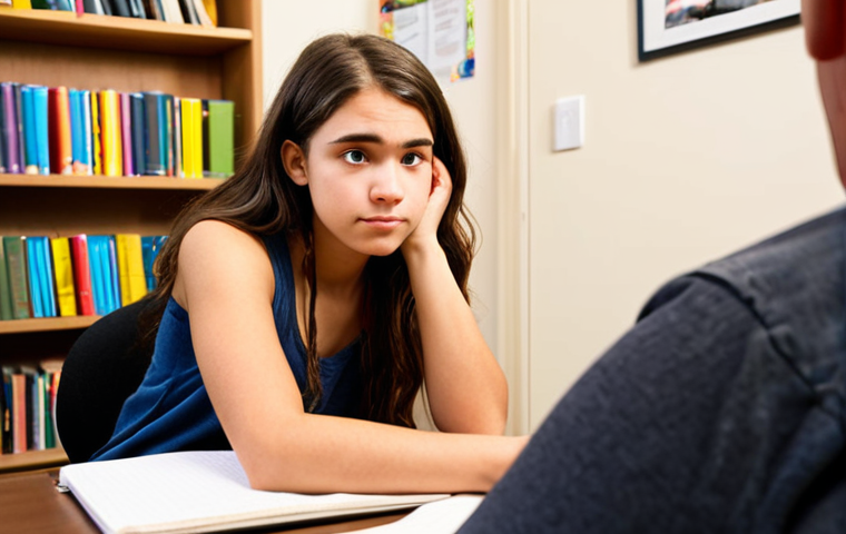 **
A warm, brightly lit counseling office. A teenage client sits across from a counselor, leaning forward with a concerned but empathetic expression. The counselor is actively listening, with a notepad and pen in hand. Blurred background elements include bookshelves with psychology texts and a framed print illustrating healthy relationships. The overall mood should be supportive and focused on active listening, exemplifying Person-Centered Therapy.
**