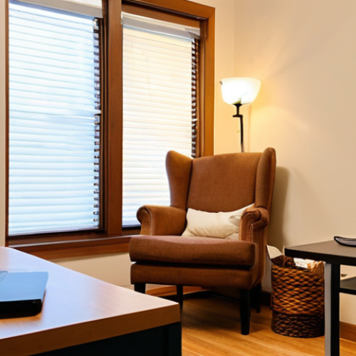 Home 6 **Image Prompt:** A cozy private practice office with soft lighting, a comfortable armchair, and bookshelves in the background. A laptop is open on a desk, showcasing a telehealth session in progress. The overall tone is warm, inviting, and professional, emphasizing the flexibility and accessibility of virtual counseling.