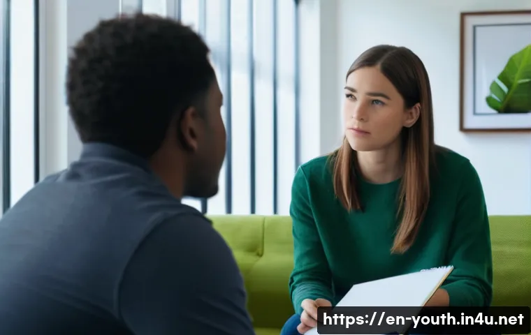 청소년상담사로서 성장하는 법 - A warm, inviting counseling room scene featuring a compassionate young female counselor attentively ...