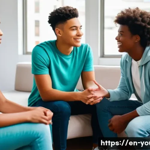 청소년상담사 현장 경험담 인터뷰 - A warm, inviting counseling session scene featuring a compassionate youth counselor and a diverse gr...