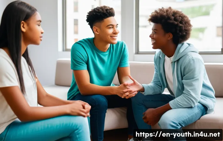 청소년상담사 현장 경험담 인터뷰 - A warm, inviting counseling session scene featuring a compassionate youth counselor and a diverse gr...