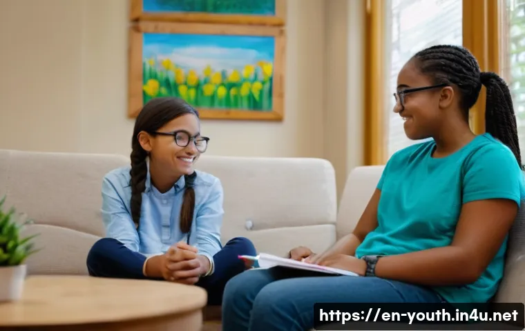 청소년상담사 현장에서 발생하는 윤리적 문제 - A warm, professional counseling office scene featuring a compassionate counselor and a teenage clien...