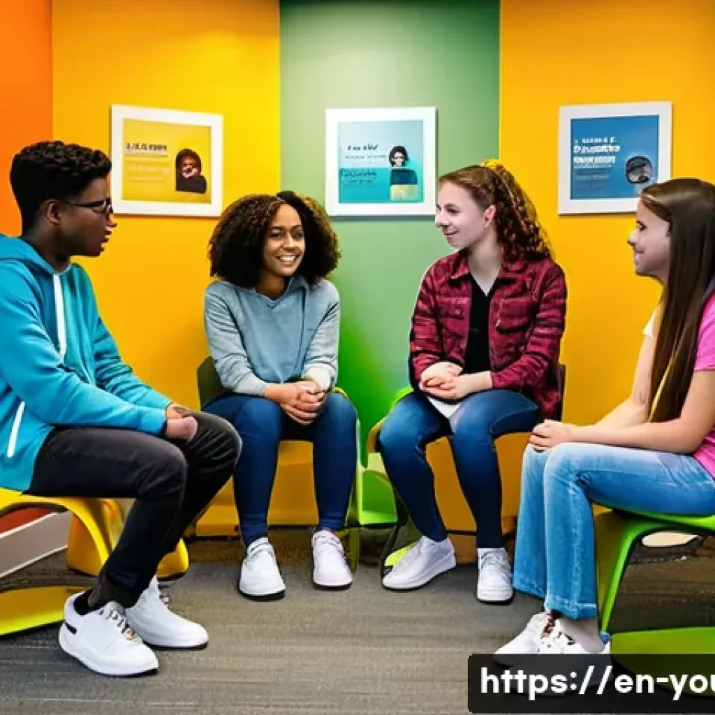 청소년상담사 직무별 상세 역할 - A warm and inviting counseling room with a diverse group of teenagers sitting in a circle, engaged i...