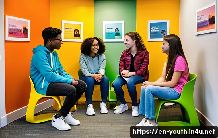 청소년상담사 직무별 상세 역할 - A warm and inviting counseling room with a diverse group of teenagers sitting in a circle, engaged i...