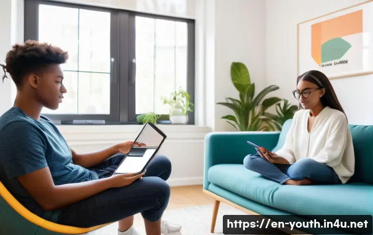 청소년상담사 자격증과 관련된 트렌드 분석 - A modern youth counseling session in a bright, welcoming therapy room featuring a diverse teenage cl...