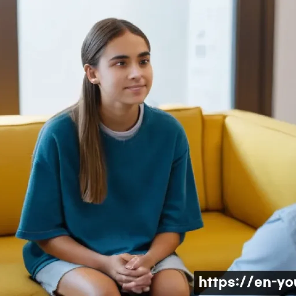 청소년상담사 상담 기술 향상 비법 - A warm and inviting counseling room scene showing a teenage girl sitting comfortably in casual cloth...