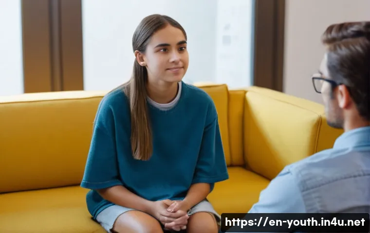 청소년상담사 상담 기술 향상 비법 - A warm and inviting counseling room scene showing a teenage girl sitting comfortably in casual cloth...