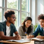 Home 20 청소년상담사 시험 준비 자료와 참고 도서 - A diverse group of young adults engaged in a collaborative study session in a cozy, modern living ro...