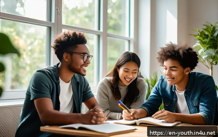 청소년상담사 시험 준비 자료와 참고 도서 - A diverse group of young adults engaged in a collaborative study session in a cozy, modern living ro...