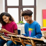 Home 18 청소년상담사로서 청소년 지원 프로젝트 사례 - A vibrant creative arts workshop scene showing diverse teenagers engaged in painting and playing mus...