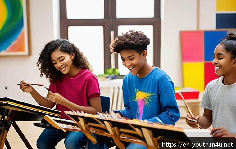 청소년상담사로서 청소년 지원 프로젝트 사례 - A vibrant creative arts workshop scene showing diverse teenagers engaged in painting and playing mus...