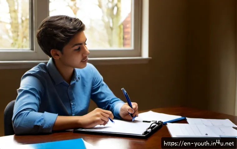 Home 17 청소년상담사 면접 준비 체크리스트 - Photorealistic career preparation scene, a young adult aspiring youth counselor seated at a tidy hom...